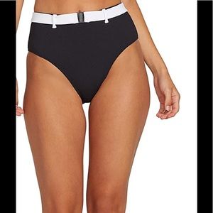 VOLCOM Retro High Waist Ribbed Black w/White Belt Bikini Bottom Separate (Size M